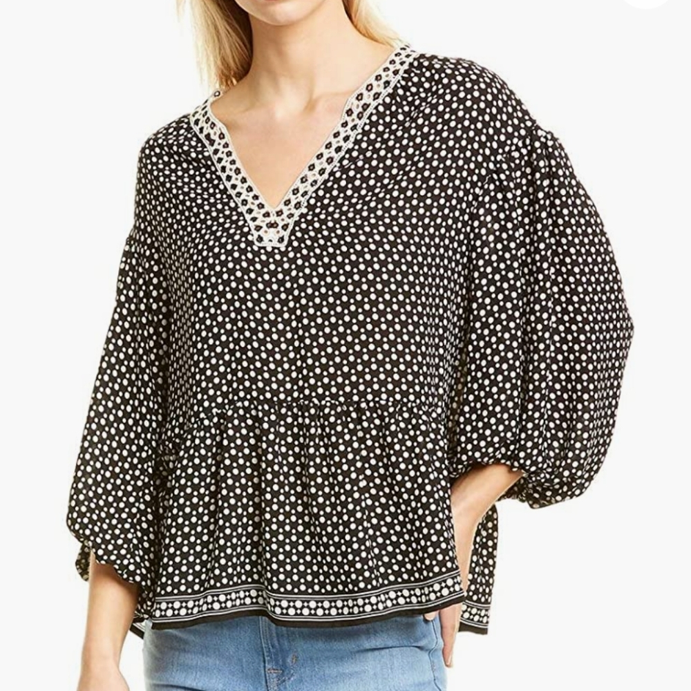 Max Studio Crepe Green White 3/4 Sleeve V-Neck Top